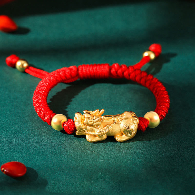 Buddha Stones 999 Sterling Silver PiXiu Wealth King Kong Knot String Braided Kids Child Bracelet - 999 Sterling Silver Golden PiXiu - Red Rope(Bracelet Size 12+4cm) - image 5