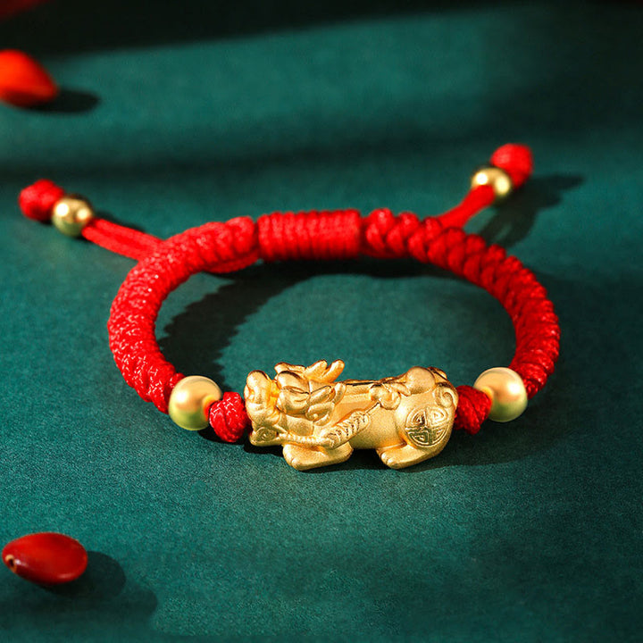 Buddha Stones 999 Sterling Silver PiXiu Wealth King Kong Knot String Braided Kids Child Bracelet - 999 Sterling Silver Golden PiXiu - Red Rope(Bracelet Size 12+4cm) - image 5