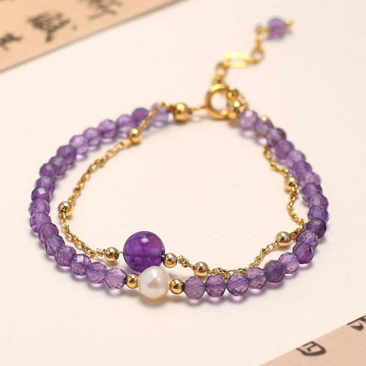 Buddha Stones 14K Gold Plated Amethyst Crystal Healing Double Layer Chain Bracelet - Amethyst(Inner Peace♥Healing) - image 0