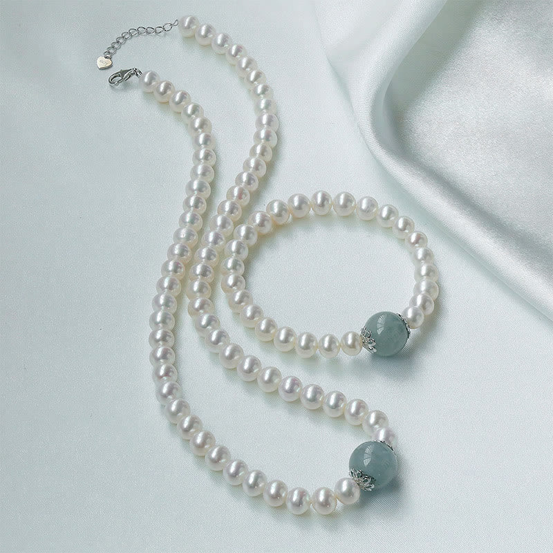Buddha Stones 925 Sterling Silver Natural Pearl Hetian Jade Aquamarine Wisdom Sincerity Necklace Pendant Bracelet - Necklace&Bracelet - Pearl Aquamarine 925 Sterling Silver 42cm - image 4