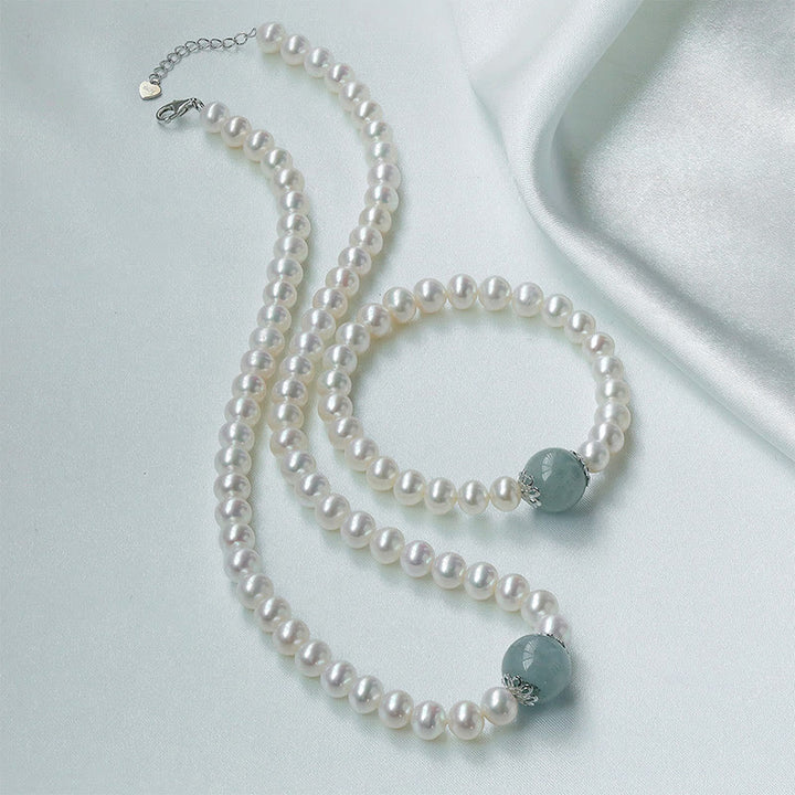 Buddha Stones 925 Sterling Silver Natural Pearl Hetian Jade Aquamarine Wisdom Sincerity Necklace Pendant Bracelet - Necklace&Bracelet - Pearl Aquamarine 925 Sterling Silver 42cm - image 4