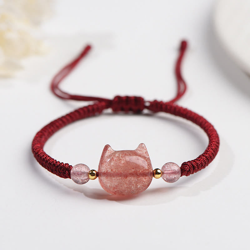 Buddha Stones Handmade Natural Silver Sheen Obsidian Strawberry Quartz Cute Cat Protection Braided Bracelet - Strawberry Quartz(Love♥Healing) - Lovely Cat - image 12