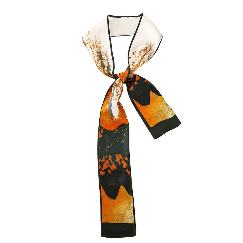 Buddha Stones Dunhuang Frescoes Mountains Sunset Floral Pattern 100% Mulberry Twilly Silk Neck Hair Scarf - Poplar Forest Sunset - image 21