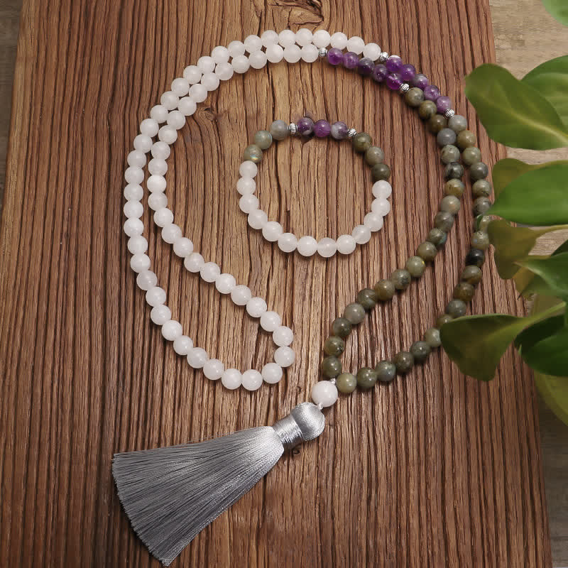 Buddha Stones 108 Mala Beads White Agate Amethyst Black Glitter Stone Protection Bracelet - image 0