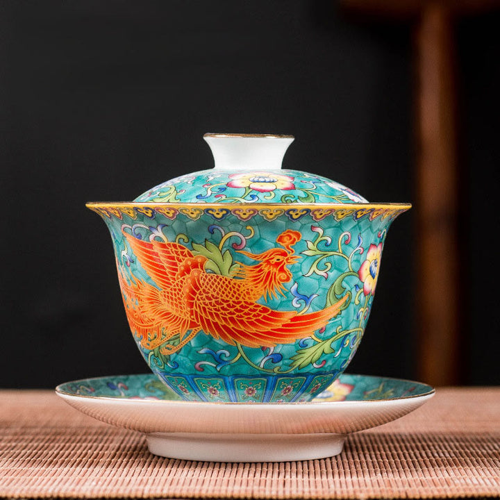 Buddha Stones Dragon Phoenix Flower Design Ceramic Gaiwan Sancai Teacup Kung Fu Tea Cup And Saucer With Lid - image 2