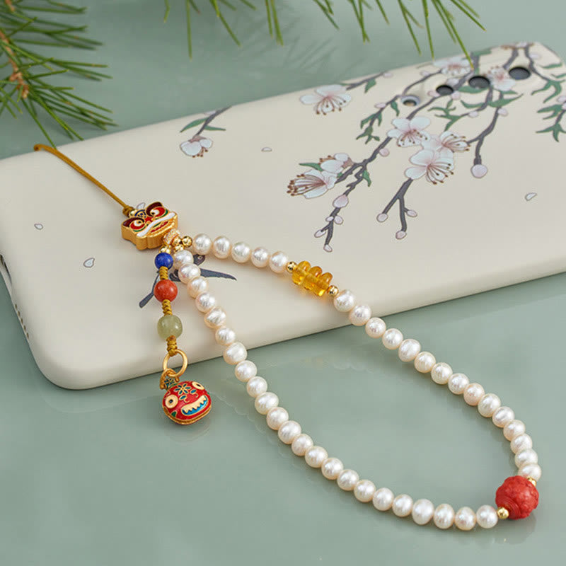 Buddha Stones Natural Pearl Cinnabar Money Bag Bell Gold Swallowing Beast Dancing Lion Healing Phone Hanging Decoration - image 7