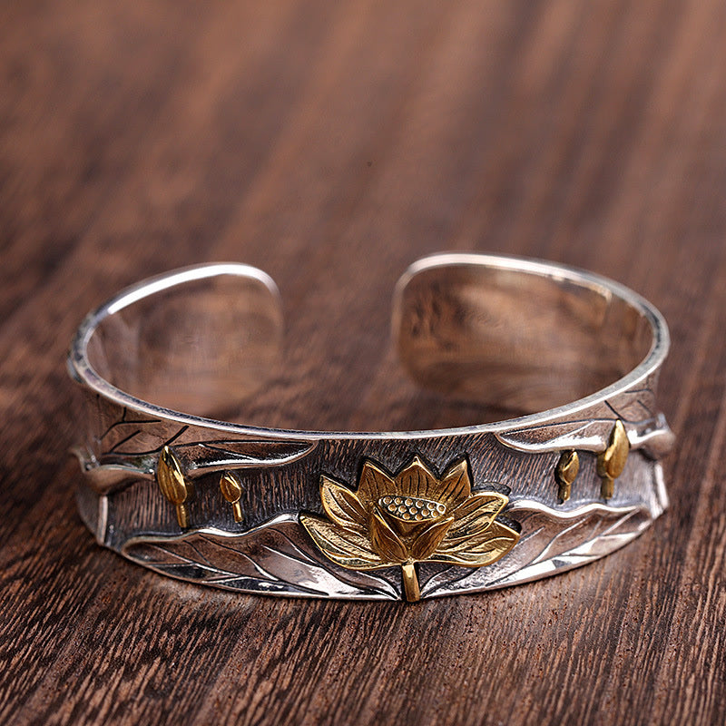 Buddha Stones 925 Sterling Silver Lotus Flower Calm Bracelet Adjustable Bangle - image 14