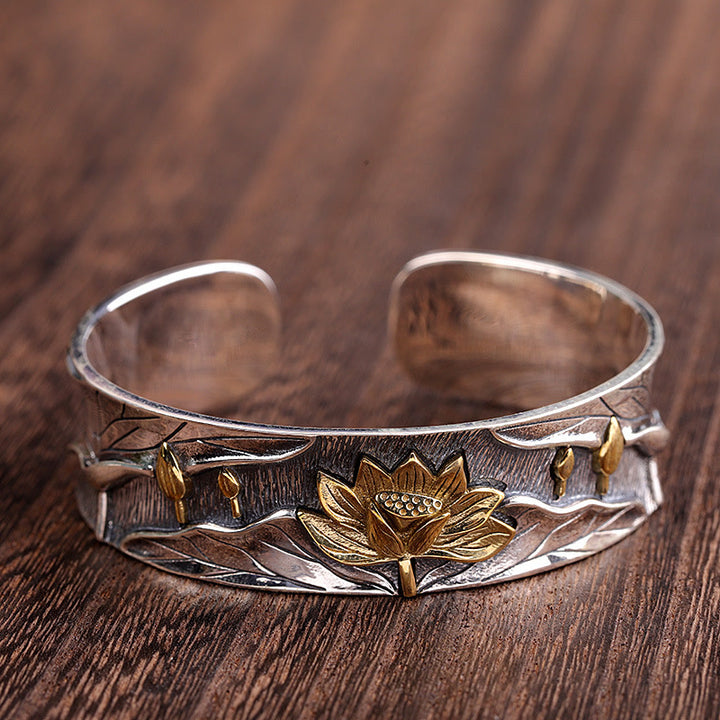 Buddha Stones 925 Sterling Silver Lotus Flower Calm Bracelet Adjustable Bangle - image 14