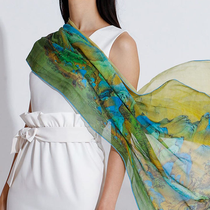 Buddha Stones A Panorama of Rivers and Mountains 100% Mulberry Silk Scarf Premium Grade 6A Silk Shawl - image 10