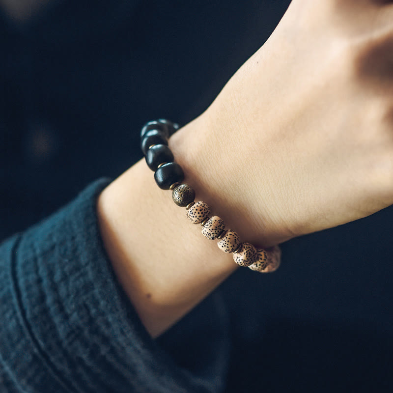 Buddha Stones Tibetan Bodhi Seed Black Obsidian Ebony Wood Copper Peace Bracelet - image 8