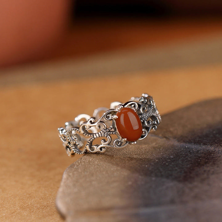 Buddha Stones 925 Sterling Silver Vintage Red Agate Self-acceptance Calm Ring - image 2