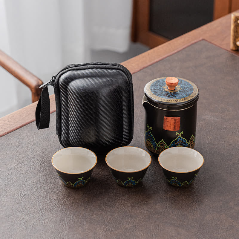 Buddha Stones Flower Chinese Gongfu Ceramic Teapot Portable Outdoor Travel Tea Set Bag - Black - 1 Teapot+3 Cups+1 Bag - image 20