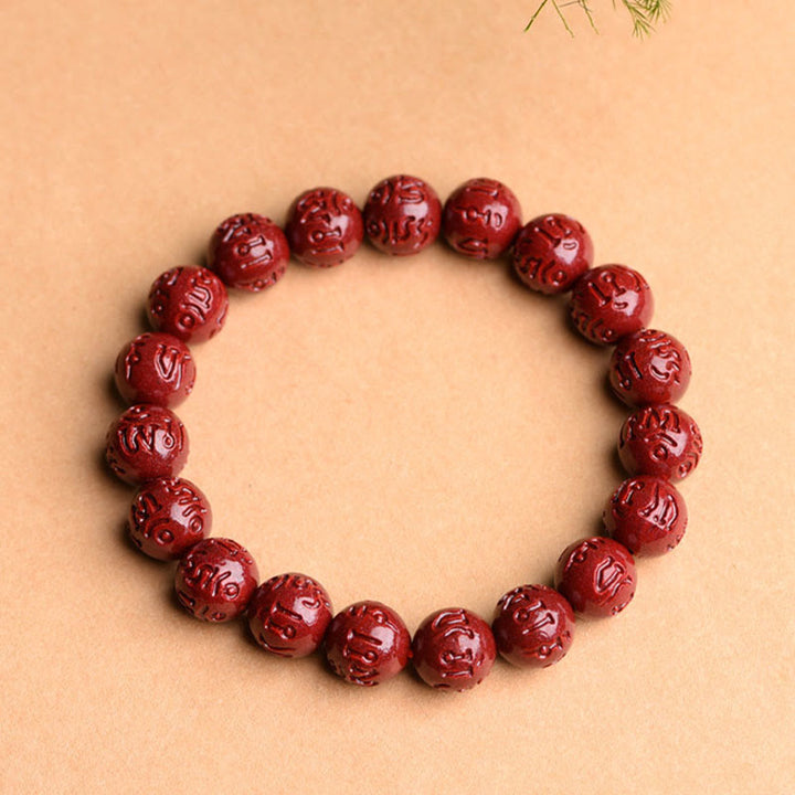 Buddha Stones Natural Cinnabar Om Mani Padme Hum Fret Pattern Lotus Blessing Bracelet - image 4