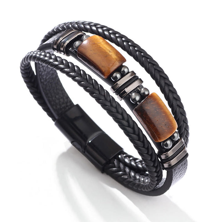 Buddha Stones Tiger Eye Power Magnetic Buckle Multilayered Leather Bracelet - Two Tiger Eye Stone - 23cm - image 4