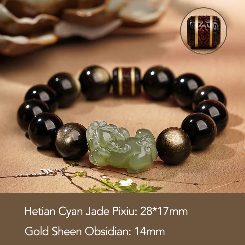 Buddha Stones Natural Gold Sheen Obsidian Hetian Cyan Jade White Jade PiXiu Wealth Bracelet - Gold Sheen Obsidian Cyan Jade Pixiu-14mm(Men) - image 3