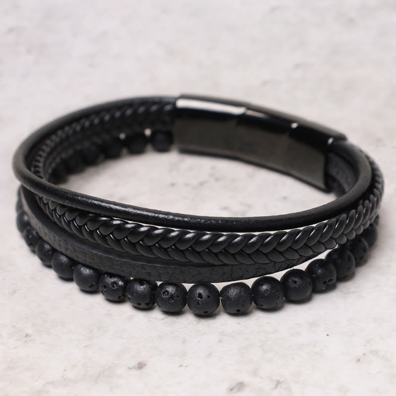 Buddha Stones Natural Lava Rock Black Onyx Bead Leather Bracelet - image 2