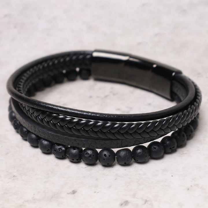Buddha Stones Natural Lava Rock Black Onyx Bead Leather Bracelet - image 2
