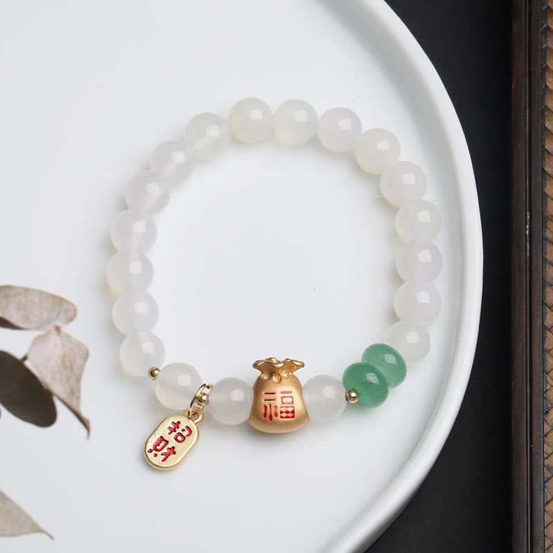 Buddha Stones Natural White Agate Red Agate Money Bag Fu Character Four Leaf Clover Protection Bracelet - White Agate Money Bag - image 0