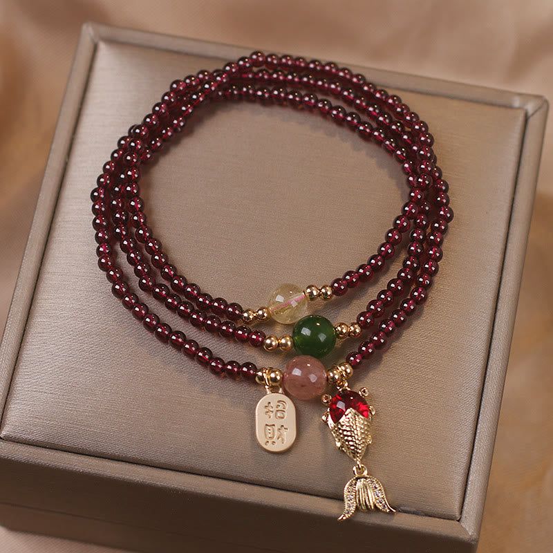 Buddha Stones Natural Garnet Strawberry Quartz Crystal Fox Koi Fish Peace Buckle Fortune Protection Triple Wrap Bracelet - Garnet&Koi Fish(Wrist Circumference 14-16cm) - image 4