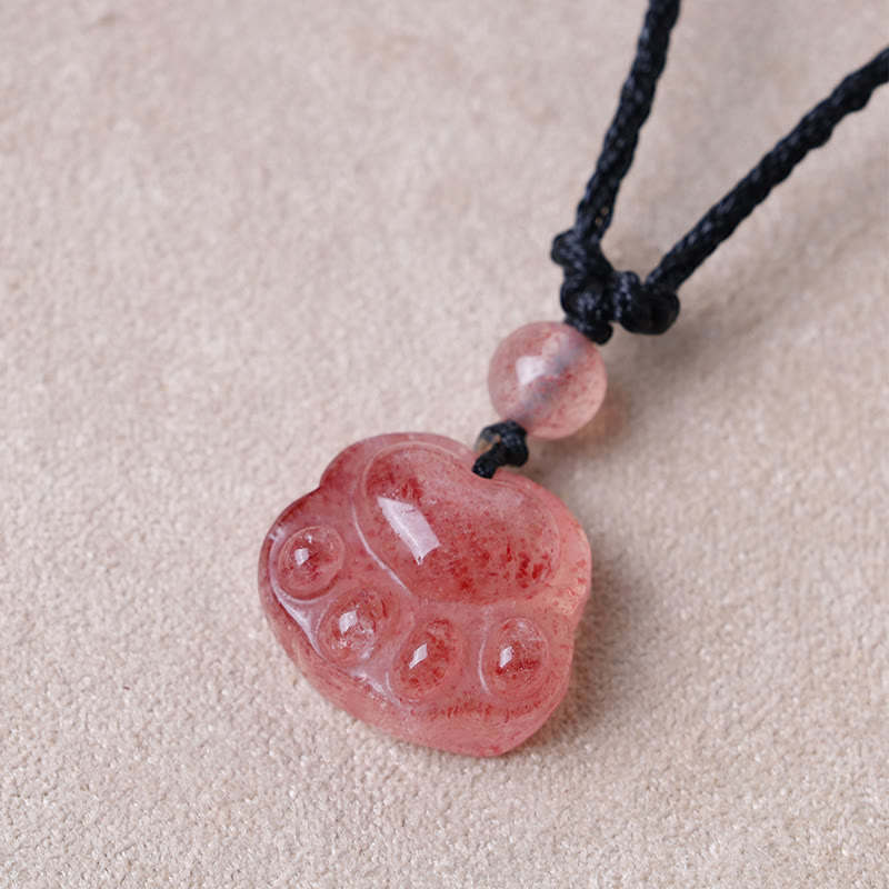 Buddha Stones Strawberry Quartz Lovely Cat Paw Claw Healing Necklace Pendant - image 2