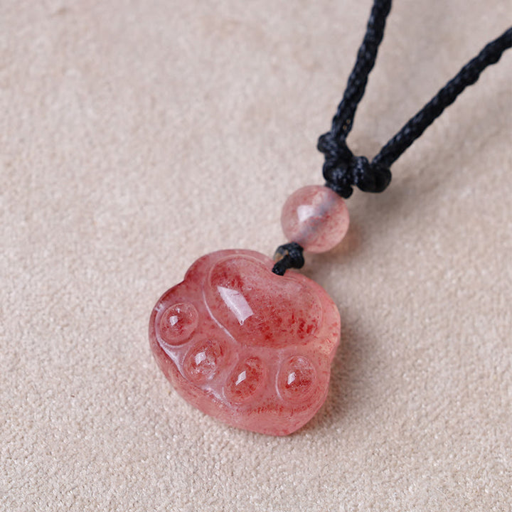 Buddha Stones Strawberry Quartz Lovely Cat Paw Claw Healing Necklace Pendant - image 2