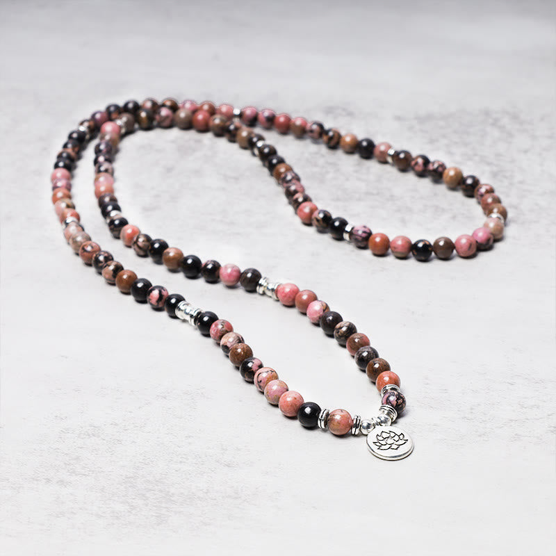 Buddha Stones 108 Mala Beads Rhodonite Lotus Compassion Energy Bracelet - image 2
