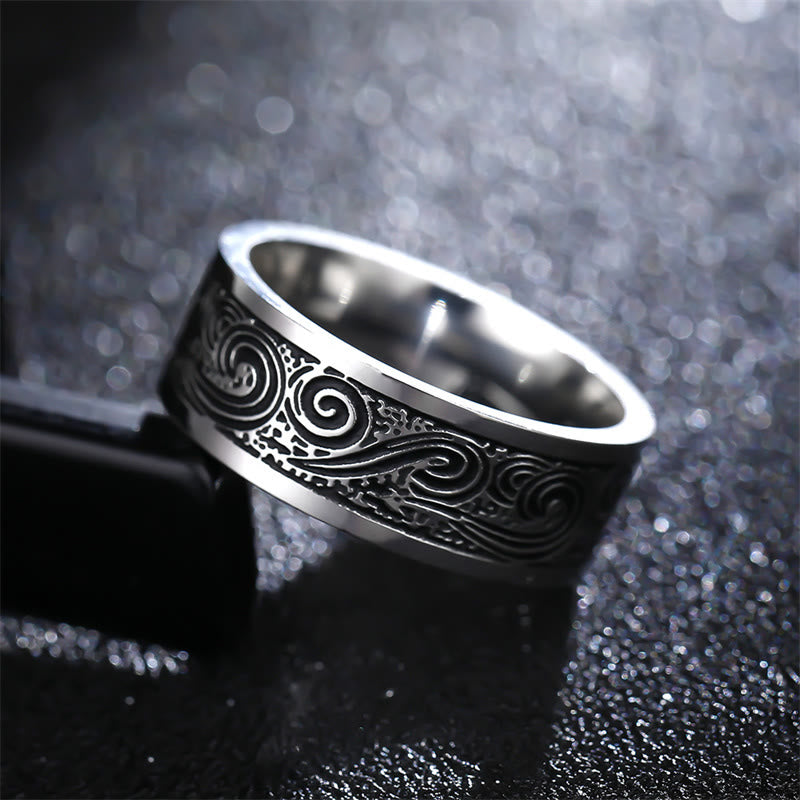 Buddha Stones Vintage Wave Auspicious Clouds Engraved Pattern Titanium Steel Balance Ring - image 1