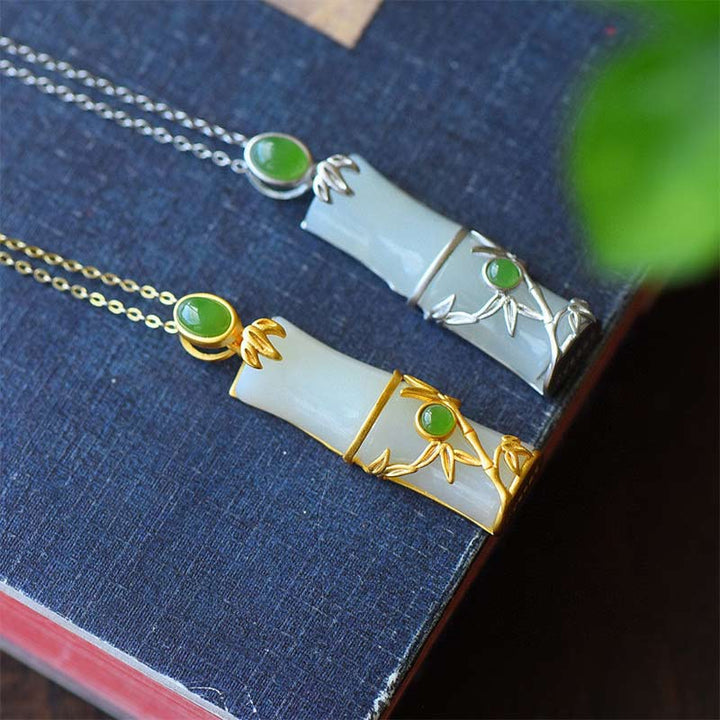 Buddha Stones White Jade Cyan Jade Bamboo Protection Necklace Pendant - image 11