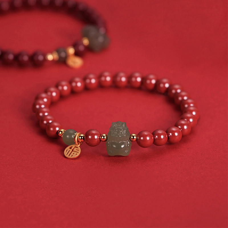 Buddha Stones 925 Sterling Silver Year of the Dragon Natural Cinnabar Hetian Jade Dragon Fu Character Ruyi As One Wishes Charm Blessing Bracelet - Red Cinnabar(Wrist Circumference 14-16cm) - Fu Character Charm - image 0