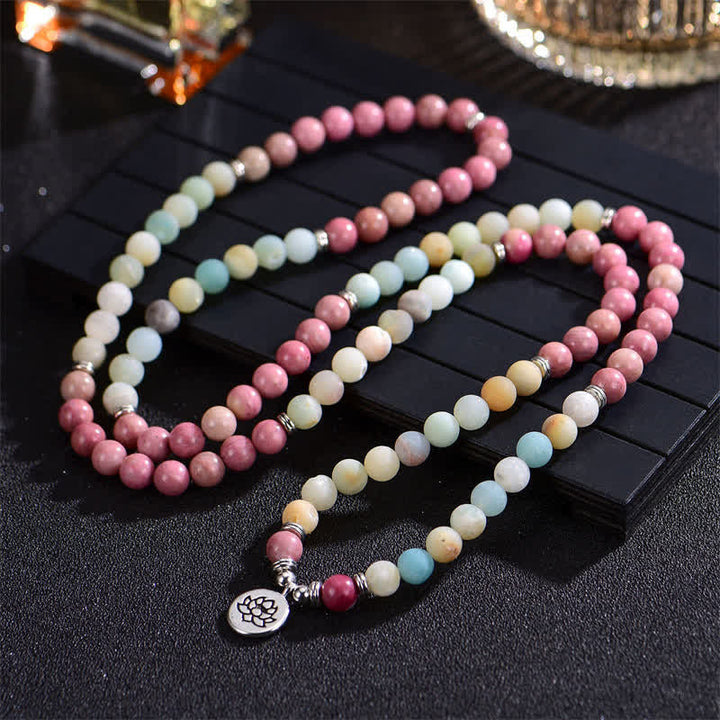 Buddha Stones Lazurite Picasso Jasper Amazonite Rhodonite Apatite Positive Lotus Prayer Bead Bracelet - image 9
