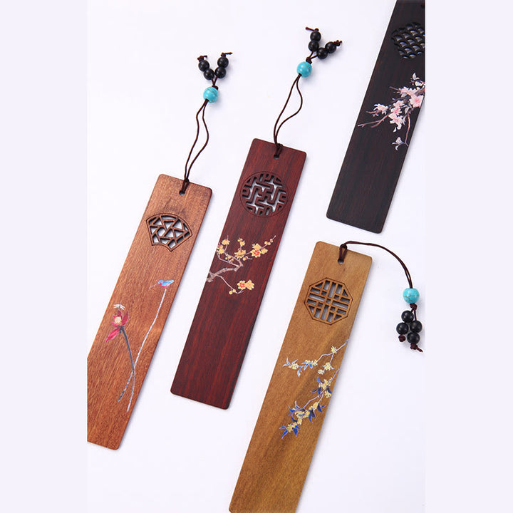 Buddha Stones 4Pcs Four Seasons Plum Orchid Bamboo Chrysanthemum Peking Opera Mask Wood Bookmarks With Gift Box - image 12