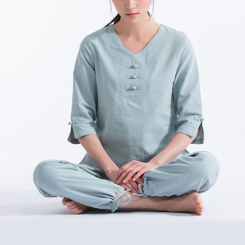 Buddha Stones Yoga Meditation Prayer V-neck Design Cotton Linen Clothing Uniform Zen Practice Women's Set - LightCyan - US8-10，UK/AU12-14，EU40-42 (2XL) - image 0