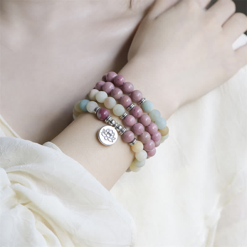 Buddha Stones Lazurite Picasso Jasper Amazonite Rhodonite Apatite Positive Lotus Prayer Bead Bracelet - image 8