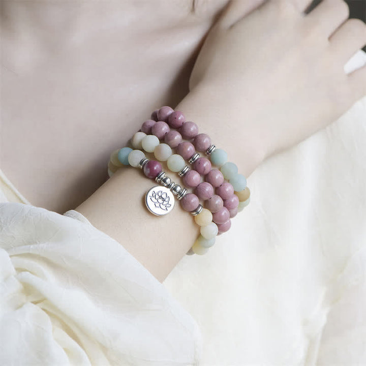 Buddha Stones Lazurite Picasso Jasper Amazonite Rhodonite Apatite Positive Lotus Prayer Bead Bracelet - image 8
