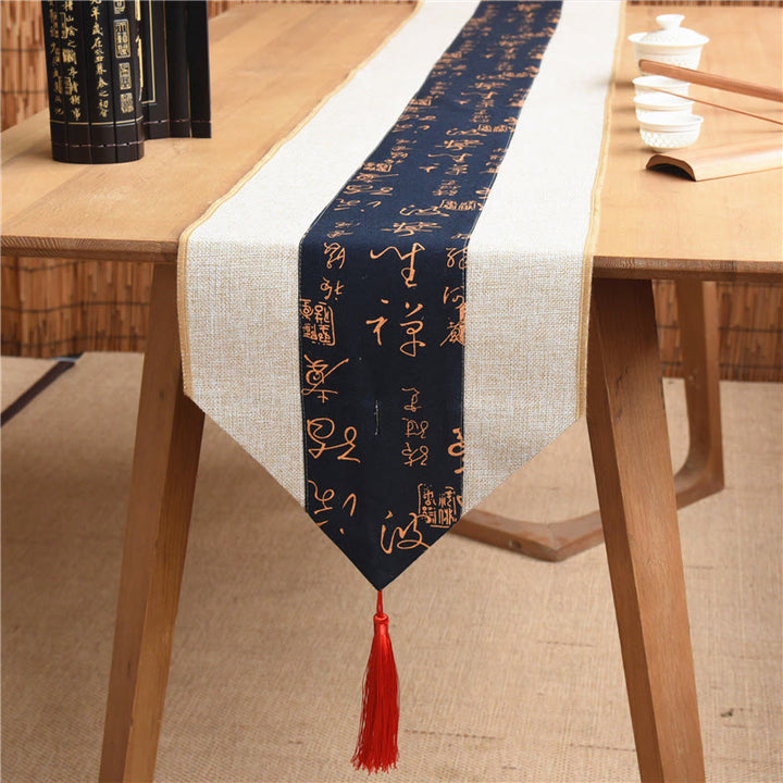 Buddha Stones Classic Chinese Style Lotus Koi Fish Flower Crane Calligraphy Enlightenment Cotton Linen Tassels Table Runner - image 36