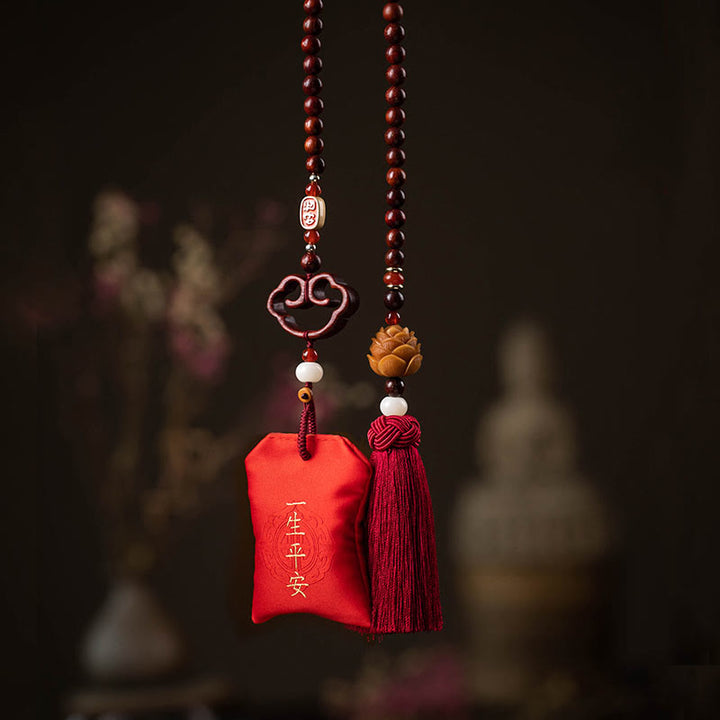 Buddha Stones Tibetan Small Leaf Red Sandalwood Lotus Cinnabar Sachet Protection Tassel Car Hanging Decoration - A Lifetime Of Peace - image 4