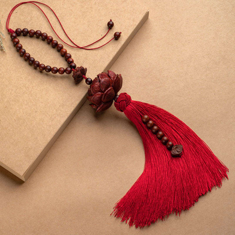 Buddha Stones Tibetan Small Leaf Red Sandalwood Lotus Luck Protection Tassel Decoration - Red - Bracelet - image 18
