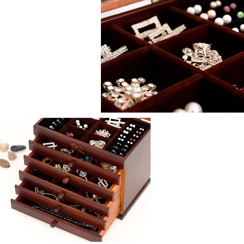 Buddha Stones Vintage Plum Blossom Carved Wooden Jewelry Box Six-Layer Jewelry Storage Box - image 6