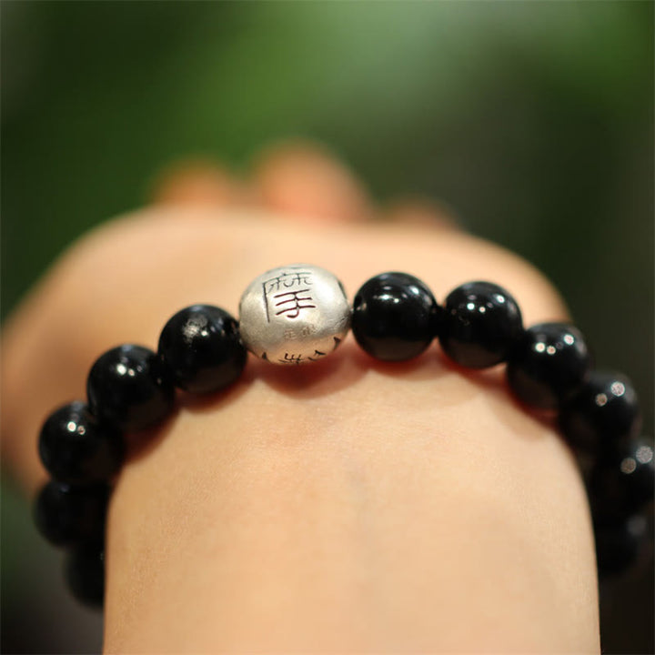Buddha Stones 925 Sterling Silver Black Onyx Bead Character Engraved Protection Bracelet - image 2