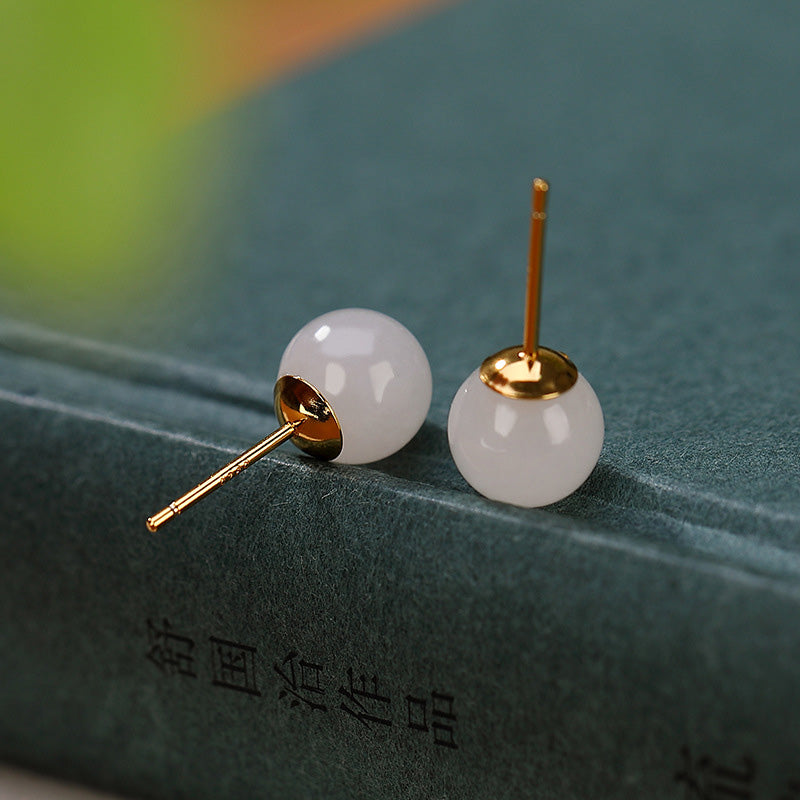 Buddha Stones 925 Sterling Silver Round White Jade Blessing Stud Earrings - image 5