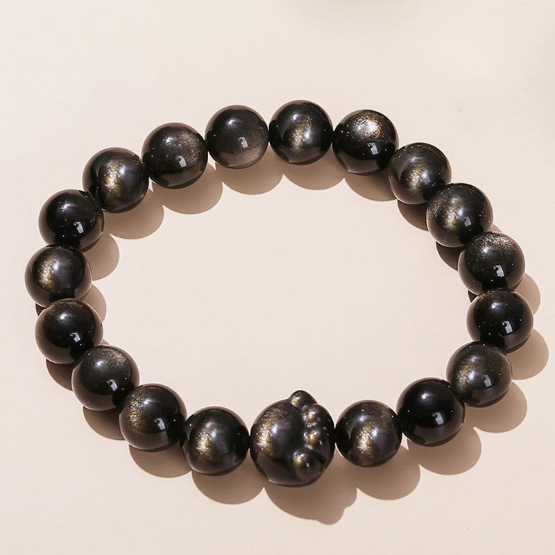 Buddha Stones Natural Gold Sheen Obsidian Silver Sheen Obsidian Cute Cat Paw Claw Wealth Bracelet - Gold Sheen Obsidian - 10mm - image 0