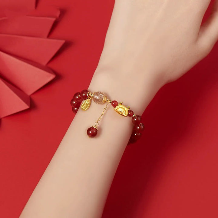Buddha Stones Year of the Dragon Dumpling Natural Red Agate Garnet Hetian Jade Fu Character Luck Success Bracelet - image 5