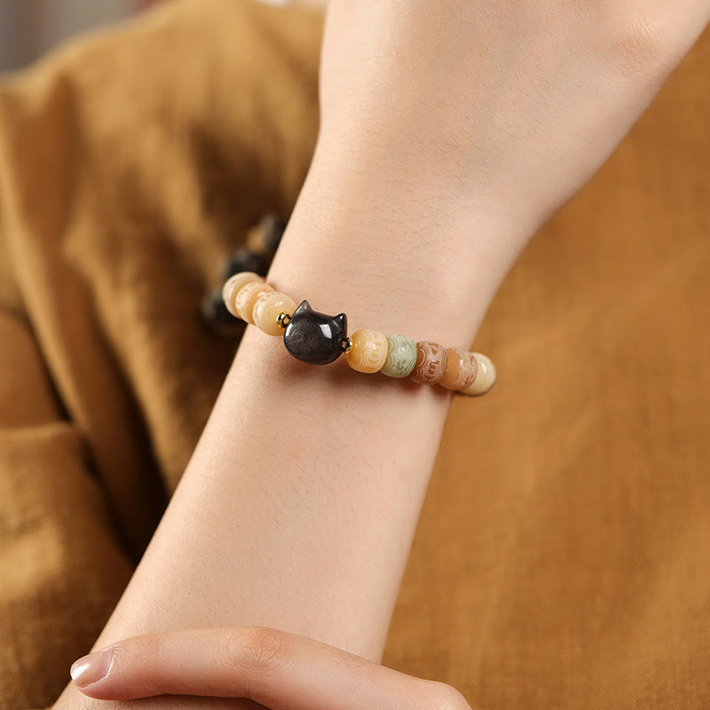 Buddha Stones Bodhi Seed Silver Sheen Obsidian Cat Head Om Mani Padme Hum Engraved Harmony Bracelet - image 2