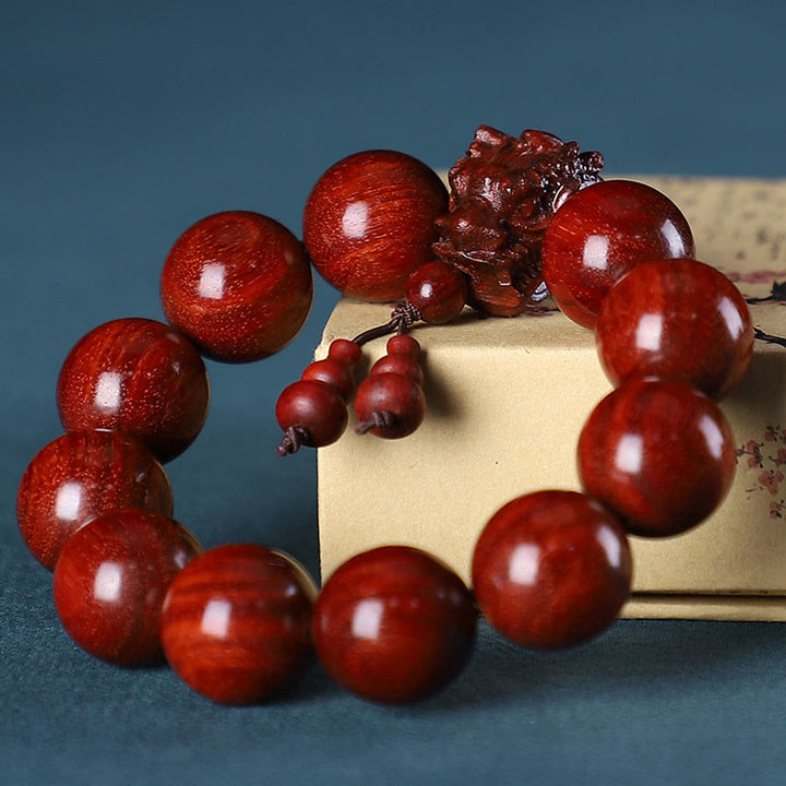 Buddha Stones Rosewood Green Sandalwood Small Leaf Red Sandalwood Dragon Carved Protection Bracelet - African Sandalwood - image 10