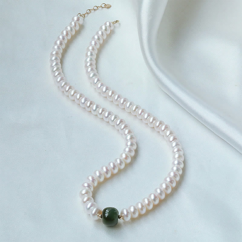 Buddha Stones 925 Sterling Silver Natural Pearl Hetian Jade Aquamarine Wisdom Sincerity Necklace Pendant Bracelet - Necklace - Pearl Hetian Jade Alloy 45cm - image 8