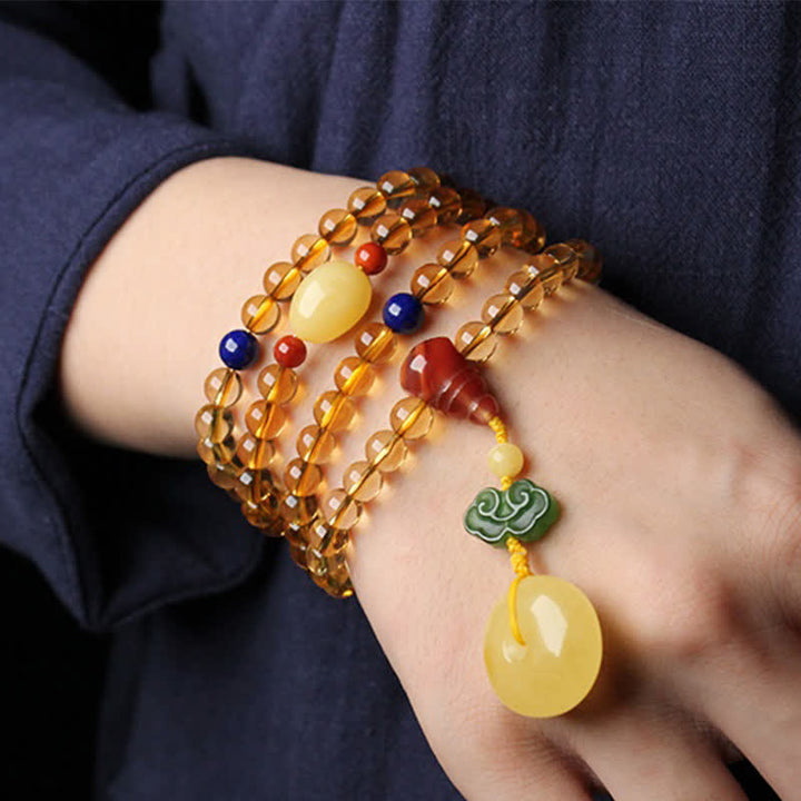 108 Mala Beads Natural Citrine Amber Peace Buckle Red Agate PiXiu Protection Charm Bracelet - image 2