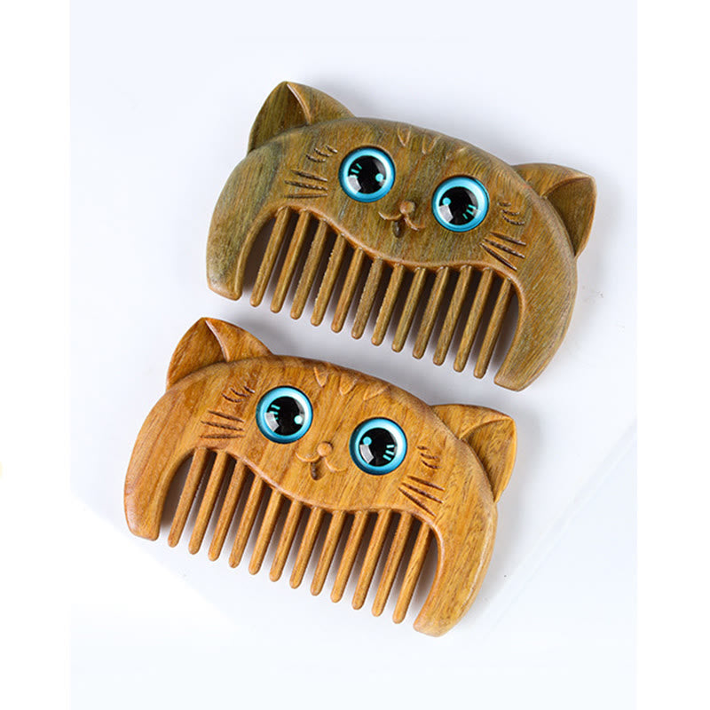 Buddha Stones Simple Cat Pattern Green Sandalwood Cure Portable Comb - image 5