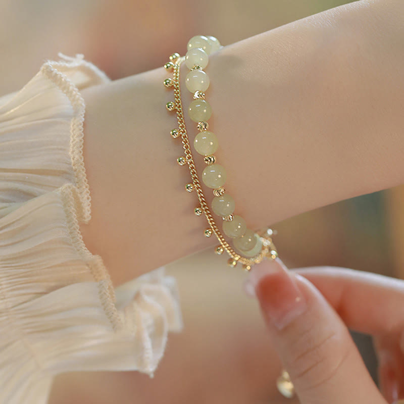 Buddha Stones 14K Gold Plated 2 Layers Hetian Jade Bead Luck Prosperity Bracelet - image 1