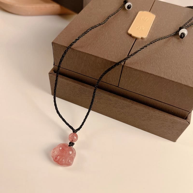 Buddha Stones Strawberry Quartz Lovely Cat Paw Claw Healing Necklace Pendant - image 9