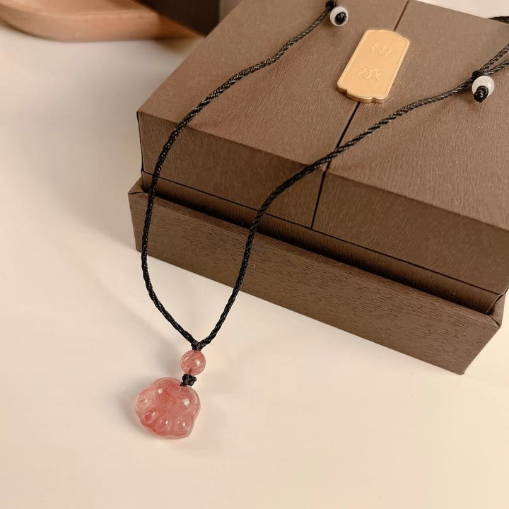 Buddha Stones Strawberry Quartz Lovely Cat Paw Claw Healing Necklace Pendant - image 9